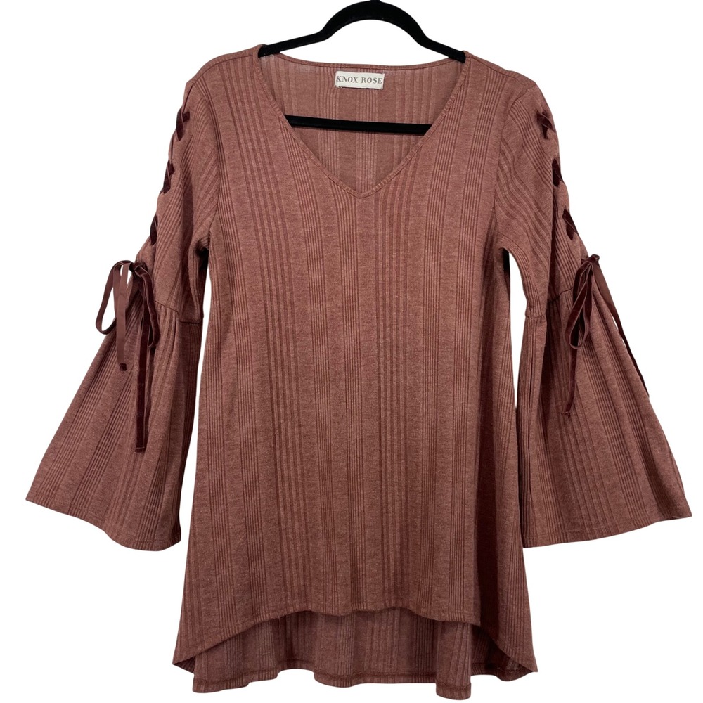 Knox Rose Size Medium‎ Tunic Top Mauve Ribbed Bell Sleeve Velvet Lace Up Boho